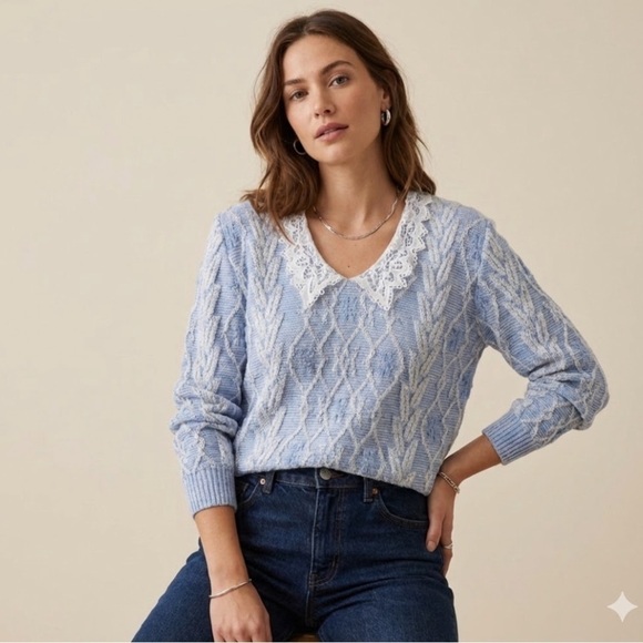 Holiday Knitwear Sweaters - Vintage Holiday Knitwear Blue Lace Collar Sweater